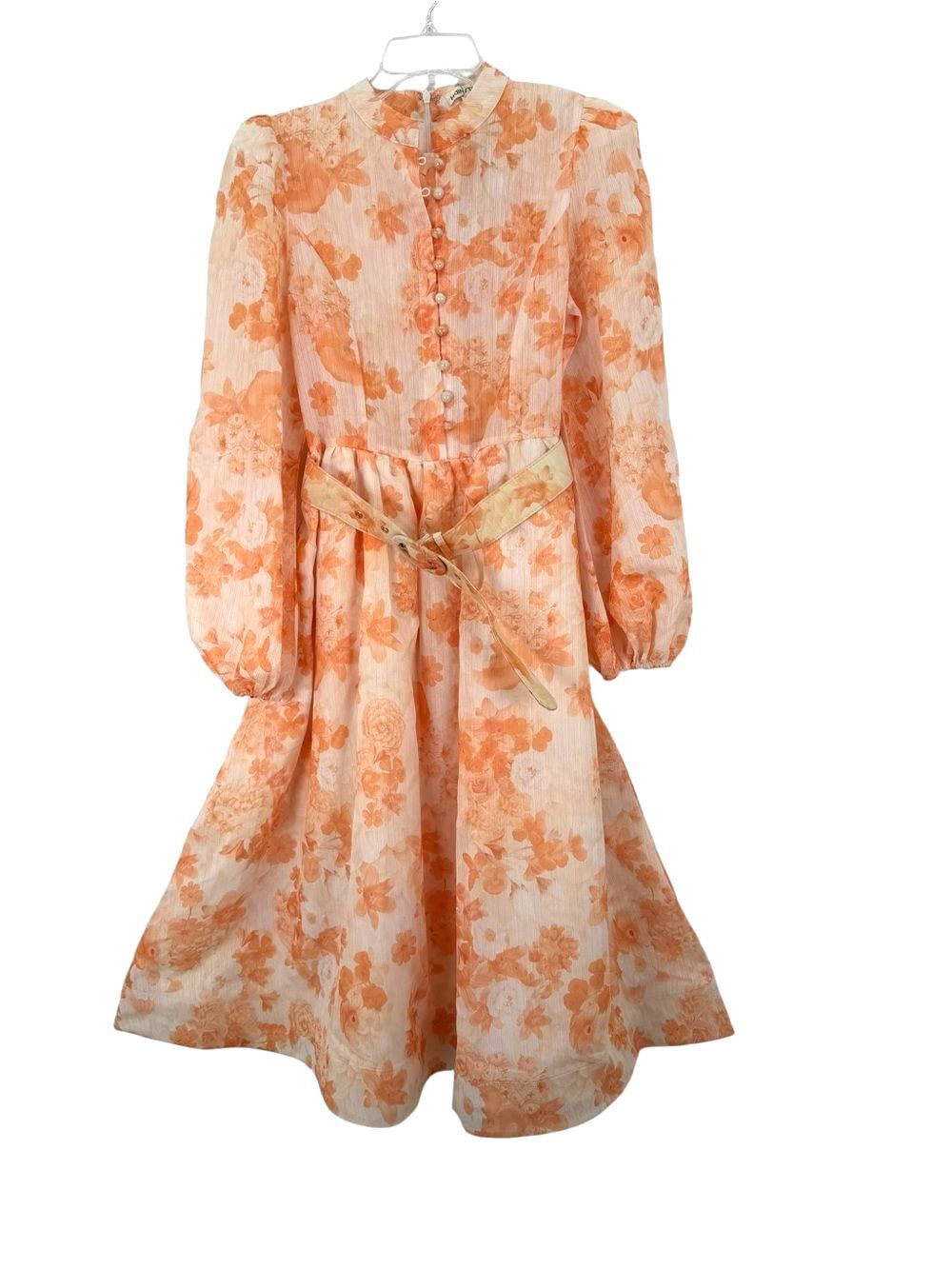 Main Strip Orange Floral Long-Sleeve Dress with Belted Waist NWT
